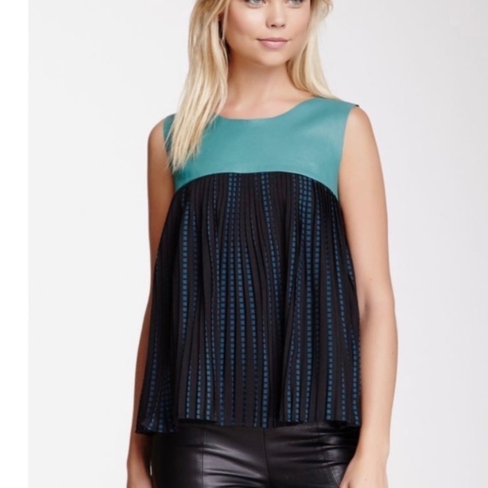 PJK Patterson J. Kincaid Teal Green Dutch Pleated Leather Twee Blouse Top XS